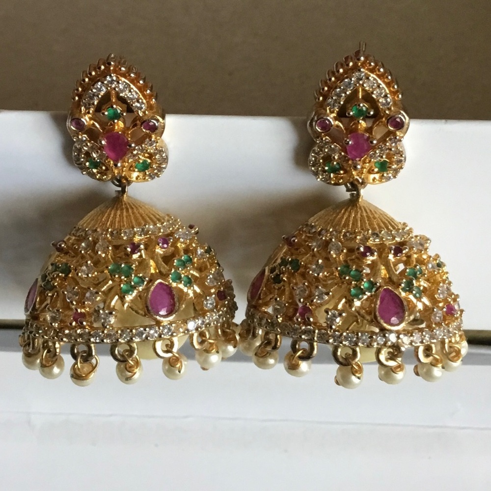 Gold-Tone Pink & Green Jhumka Earrings - Unbranded